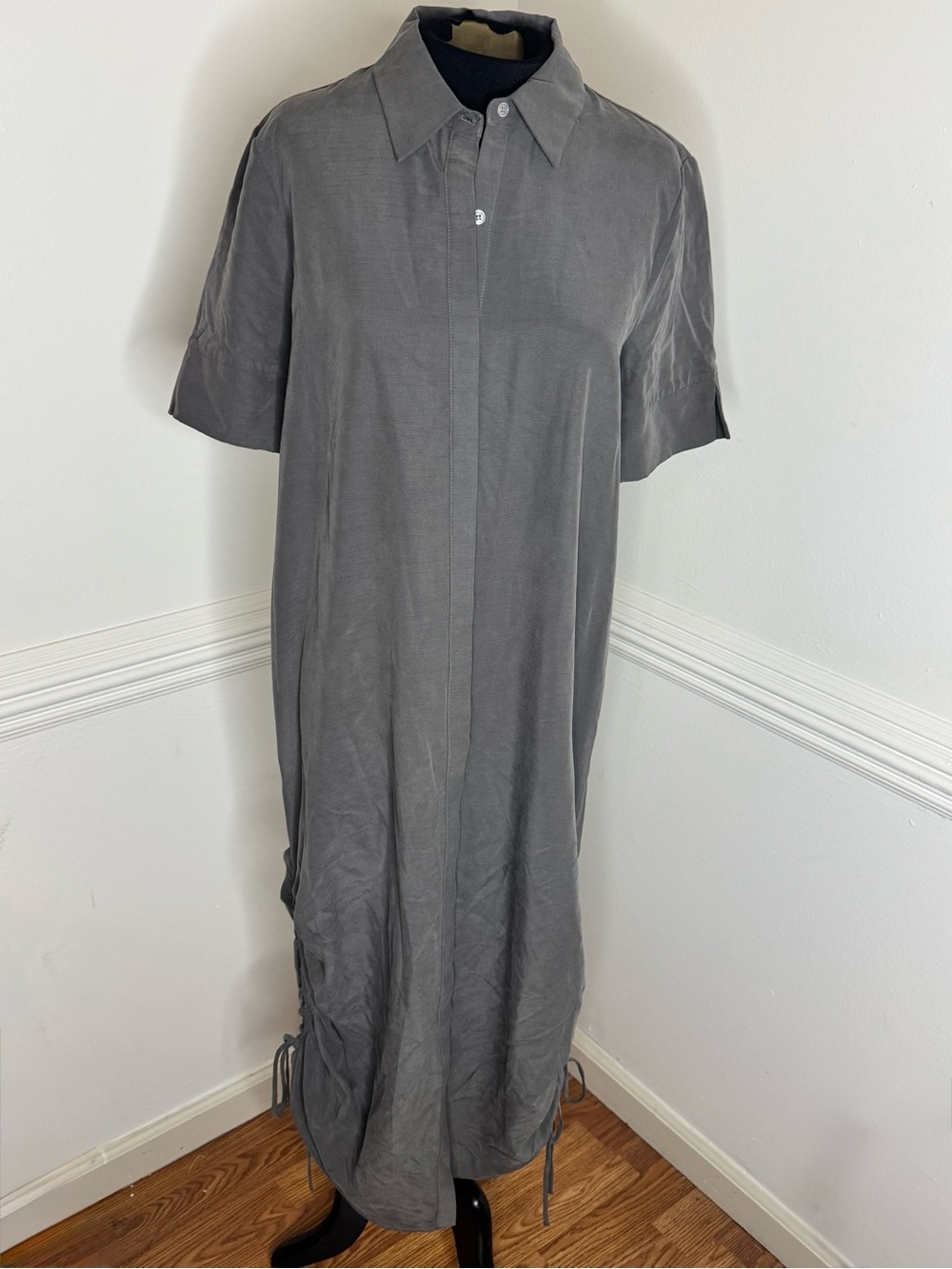 Pleione Gray Button-Front Midi Dress with Drawstrings on sides